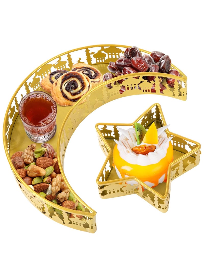 جورونب صواني على شكل نجمة وقمر - قطعتان من أطباق تقديم رمضان المعدنية لعيد مبارك، وحفلات إفطار المسلمين في الإسلام والفطر، وأطباق هلالية من الحديد لتزيين الطاولة، وحامل عرض للحلويات والأطعمة (نمط القصر) - Image 1