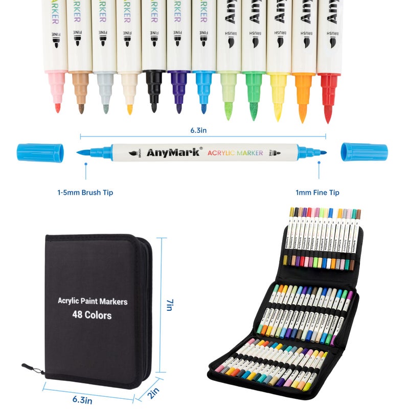 AnyMark 48 Colors Acrylic Paint Markers, Dual Tip Acrylic Paint Pens with Brush & Fine Tip, Premium Paint Markers for Coloring, Canvas, wood, Stone, Rock Painting, Glass - Image 2