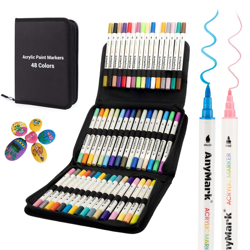 AnyMark 48 Colors Acrylic Paint Markers, Dual Tip Acrylic Paint Pens with Brush & Fine Tip, Premium Paint Markers for Coloring, Canvas, wood, Stone, Rock Painting, Glass - Image 1