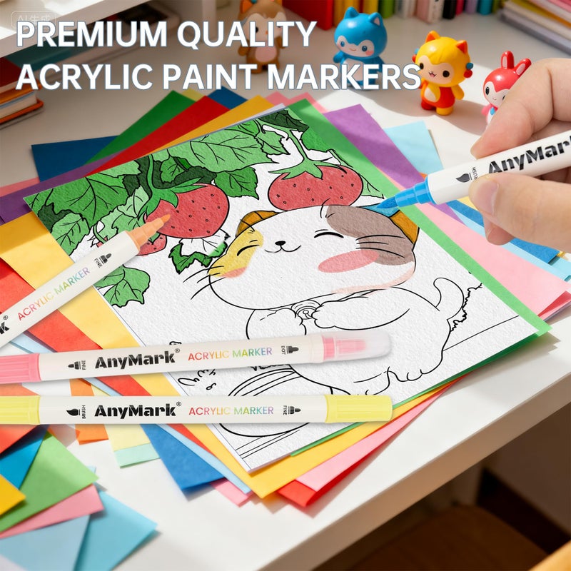 AnyMark 48 Colors Acrylic Paint Markers, Dual Tip Acrylic Paint Pens with Brush & Fine Tip, Premium Paint Markers for Coloring, Canvas, wood, Stone, Rock Painting, Glass - Image 4