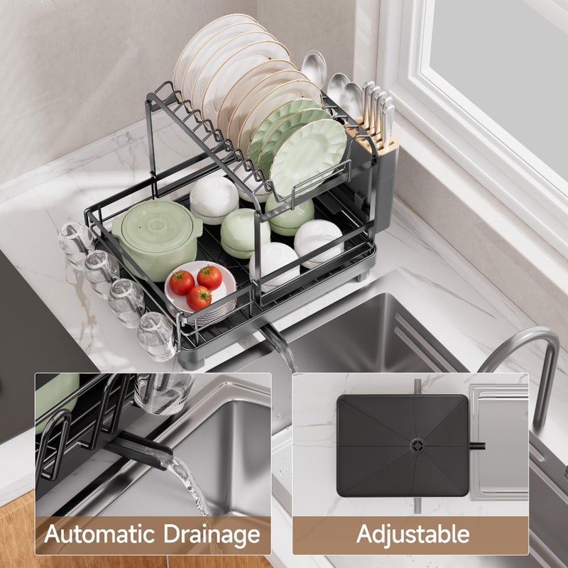 Runnatal 2-Tier Dish Drying Rack, Large Dish Rack with Drainboard Set, Detachable 4-in-1 Large Capacity Dish Drainer Over The Sink Anti-Rust for Kitchen Counter, Black - Image 4