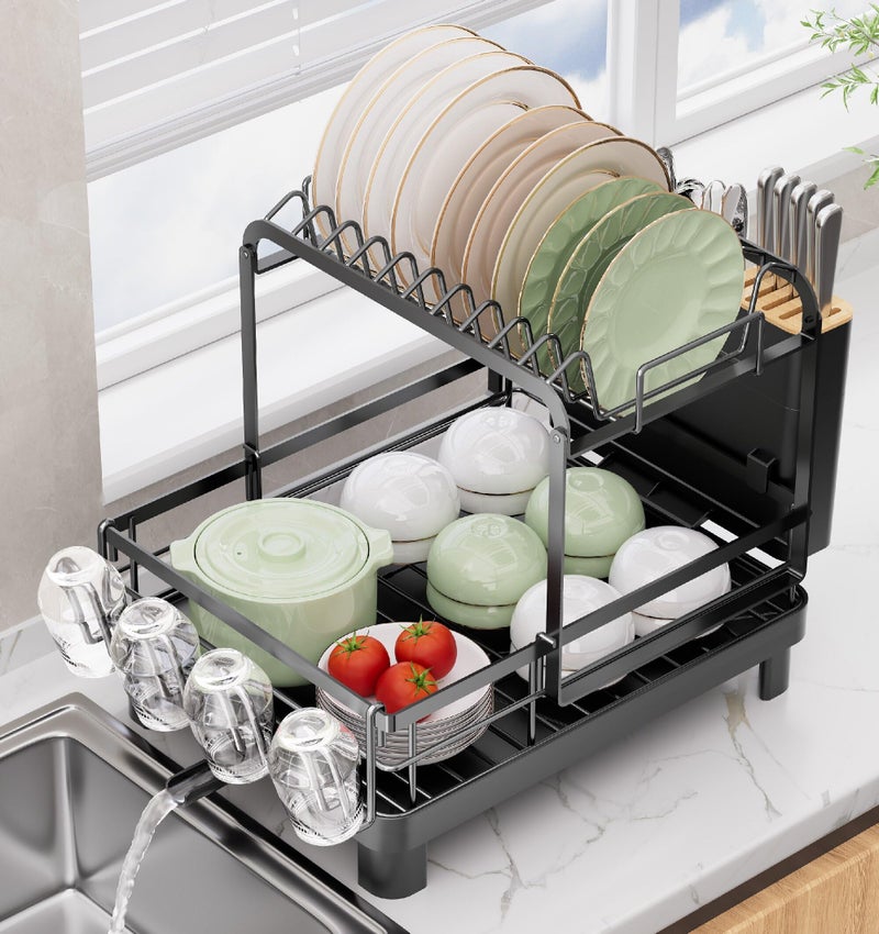 Runnatal 2-Tier Dish Drying Rack, Large Dish Rack with Drainboard Set, Detachable 4-in-1 Large Capacity Dish Drainer Over The Sink Anti-Rust for Kitchen Counter, Black - Image 1