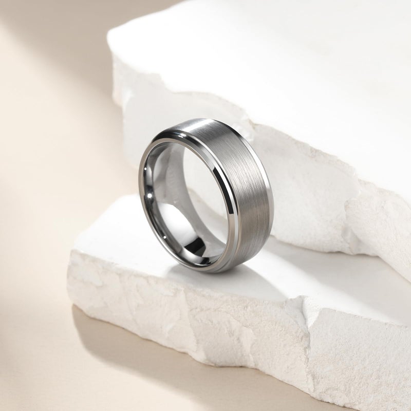 King Will BASIC Men's Tungsten Carbide Ring 8mm Polished Beveled Edge Matte Brushed Finish Center Wedding Band(10) - Image 3