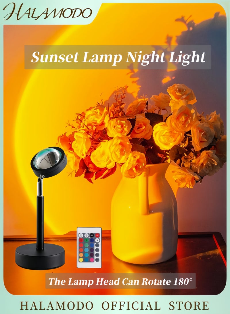 هالامودو مصباح إضاءة ليلية لمصباح غروب الشمس 16 لونًا و4 أوضاع لإسقاط ضوء الشمس مع جهاز تحكم عن بعد متغير اللون مصباح ضوء الشمس قوس قزح رومانسي رومانسي بإضاءة ليد للتصوير الفوتوغرافي والحفلات وديكور المنزل وغرفة النوم - Image 1