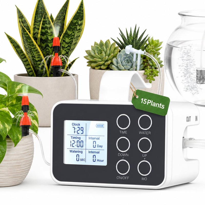 BAOSHISHAN Automatic Plant Waterer Indoor with Upgraded 2-in-1 Spray & Drip Emitter, Vacation Plant Watering Devices with Programmable Timer, Automatic Watering System for 15 Plants, Indoor Balcony Patio Office - Image 1