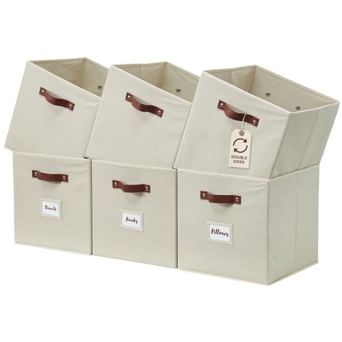 DECOMOMO Storage Bins, Cube Storage Bin with Labels, Fabric Storage Cubes for Shelves (10.5" x 11" / 6pcs, Beige) - Image 1