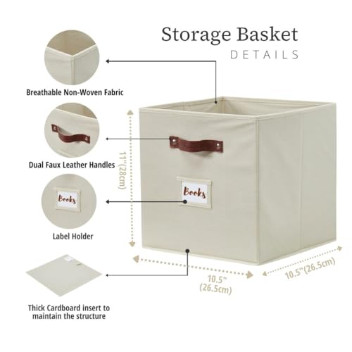 DECOMOMO Storage Bins, Cube Storage Bin with Labels, Fabric Storage Cubes for Shelves (10.5" x 11" / 6pcs, Beige) - Image 3