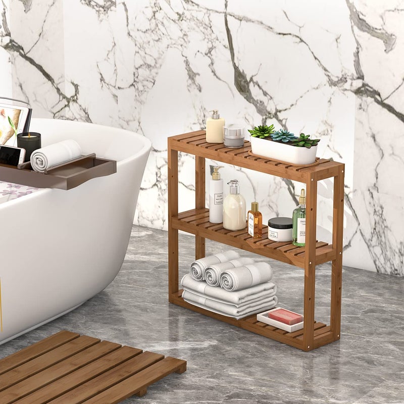 Domax Bamboo Bathroom Shelf 3-Tier Wall Mount Storage Rack Multifunctional Adjustable Layer Free Standing Over Toilet Utility Shelves Living Room Kitchen (Walnut) - Image 3