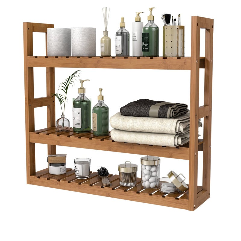 Domax Bamboo Bathroom Shelf 3-Tier Wall Mount Storage Rack Multifunctional Adjustable Layer Free Standing Over Toilet Utility Shelves Living Room Kitchen (Walnut) - Image 1