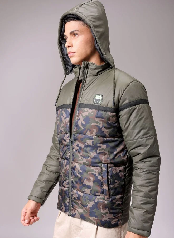 The Indian Garage Co Men Slim Fit Camouflage Puffer Jackets