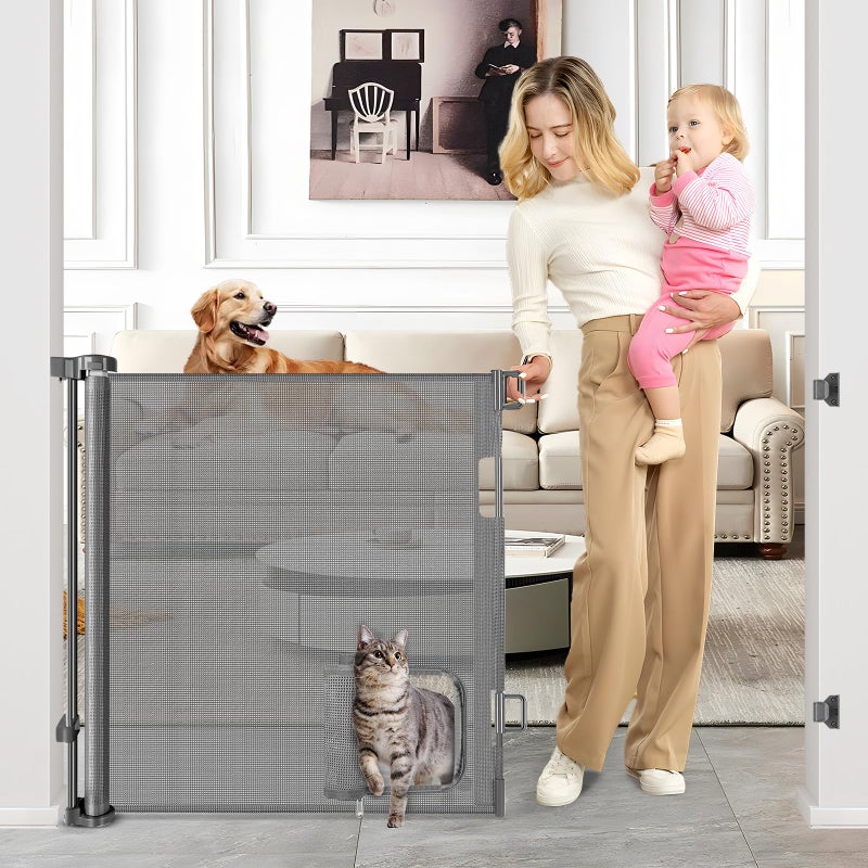 BETERTEK Retractable Dog Gate with Cat Door 55" Wide Retractable Pet Gate with Cat Door Mesh Dog Gate Retractable Baby Gates for Doorway Retractable Puppy Gate for The House Retractable Outdoor Gate for Deck - Image 1