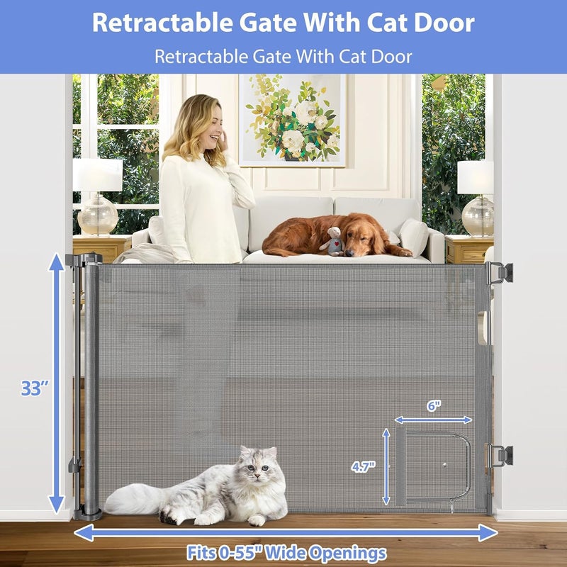 BETERTEK Retractable Dog Gate with Cat Door 55" Wide Retractable Pet Gate with Cat Door Mesh Dog Gate Retractable Baby Gates for Doorway Retractable Puppy Gate for The House Retractable Outdoor Gate for Deck - Image 2