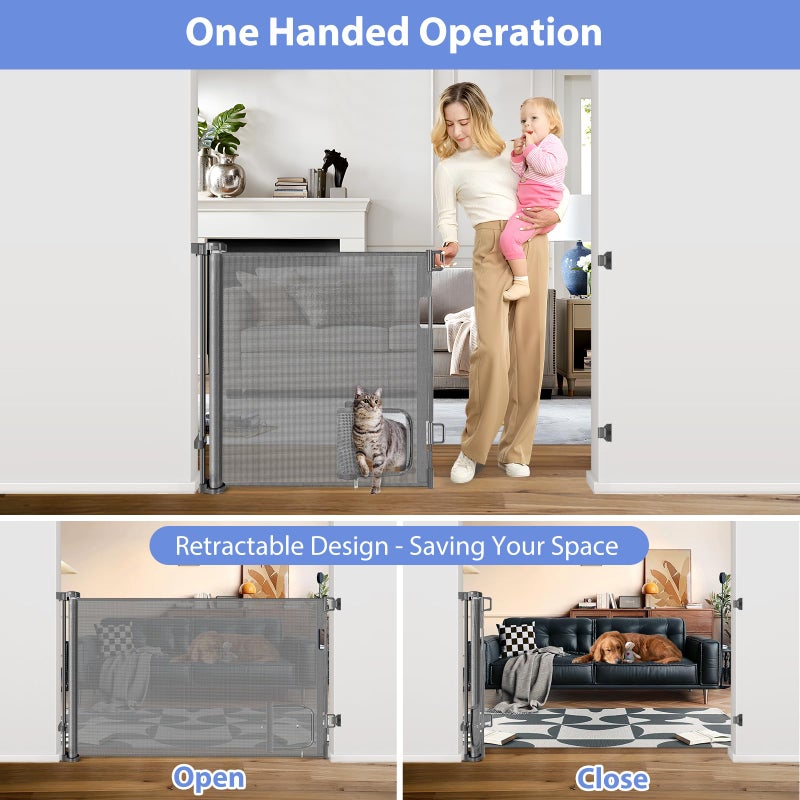 BETERTEK Retractable Dog Gate with Cat Door 55" Wide Retractable Pet Gate with Cat Door Mesh Dog Gate Retractable Baby Gates for Doorway Retractable Puppy Gate for The House Retractable Outdoor Gate for Deck - Image 4