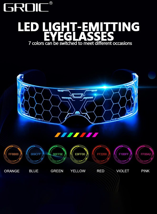 GROIC LED Glasses for Party, Futuristic Cyberpunk LED Visor Glasses Luminous Glasses, Bilaterally Controllable, LED Luminous Glasses with 7 Colors Changing Flashing For Cosplay Bar Club Party Neon Glasses  - Image 4