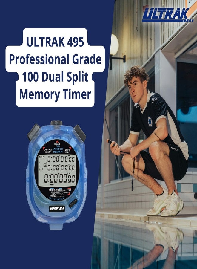 ألتراك ساعة توقيت ULTRAK 495 - ساعة رياضية احترافية زرقاء اللون، مؤقت رقمي لـ 100 لفة، عداد تنازلي لتتبع الفترات، مقاومة للماء، كرونوغراف للتدريب والتأهيل - Image 2