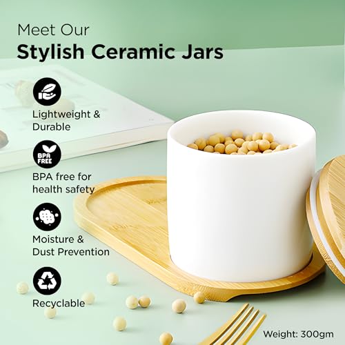 UMAI Ceramic Jar For Kitchen Storage With Bamboo Lid | Airtight Kitchen Container For Storage | Multipurpose Jar For Pickle Dry Fruits Nuts | BPA Free | 300ml | White | - Image 3