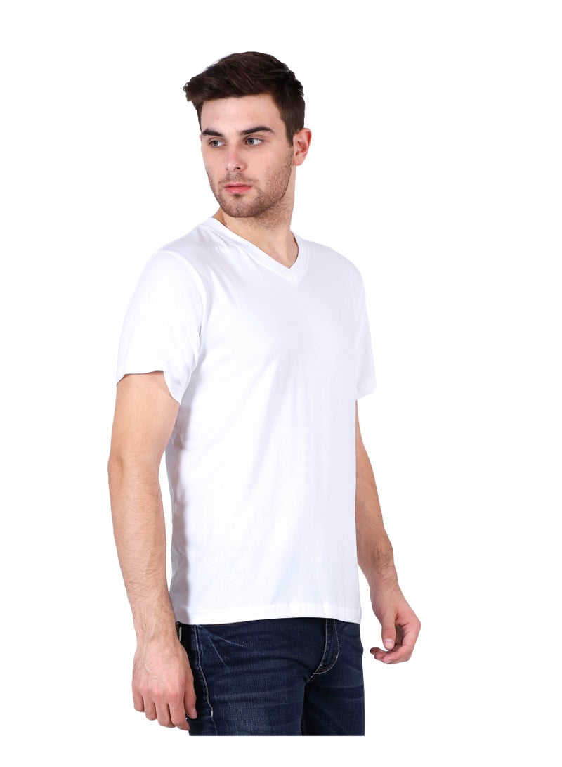 ملابس RSO تي شيرت كاجوال سادة للرجال من RSO Outfits مصنوع من القطن الخالص ورقبة على شكل حرف V ونصف كم (أبيض) - Image 3