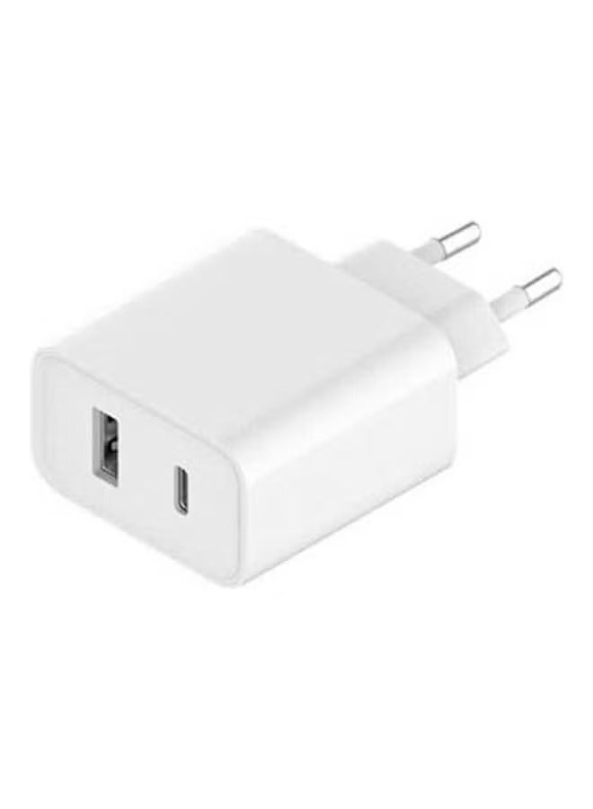33W Charger Type C + Type A – Fast Charging Adapter for Smartphones, Tablets & More – Dual Port, Efficient Power Delivery, Universal Compatibility, Compact & Portable Design (White)