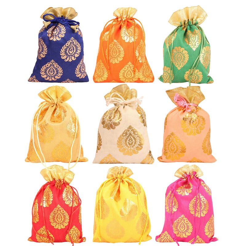 Touchstone Drawstring Bags Traditional Indian Handcrafted in Ficus Leaf Pattern Brocade fabric Perfect for Gifts Jewelry Weddings Sweet Distribution Set of 9 Vibrant Multicolor Pouches Purses Potli - Image 2