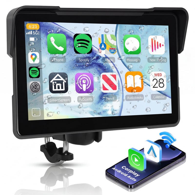Kynnt 7 Inch Motorcycle CarPlay GPS Navigation System, Android Auto Portable CarPlay Screen for Motorcycle, Dual Bluetooth Car Play Moto, Si-ri, Goo-gle Assistant, EQ, IP67 Waterproof Moto Screen - Image 1