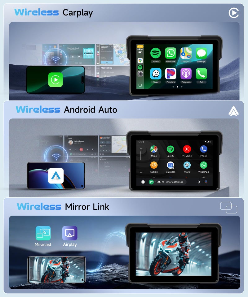 Kynnt 7 Inch Motorcycle CarPlay GPS Navigation System, Android Auto Portable CarPlay Screen for Motorcycle, Dual Bluetooth Car Play Moto, Si-ri, Goo-gle Assistant, EQ, IP67 Waterproof Moto Screen - Image 2