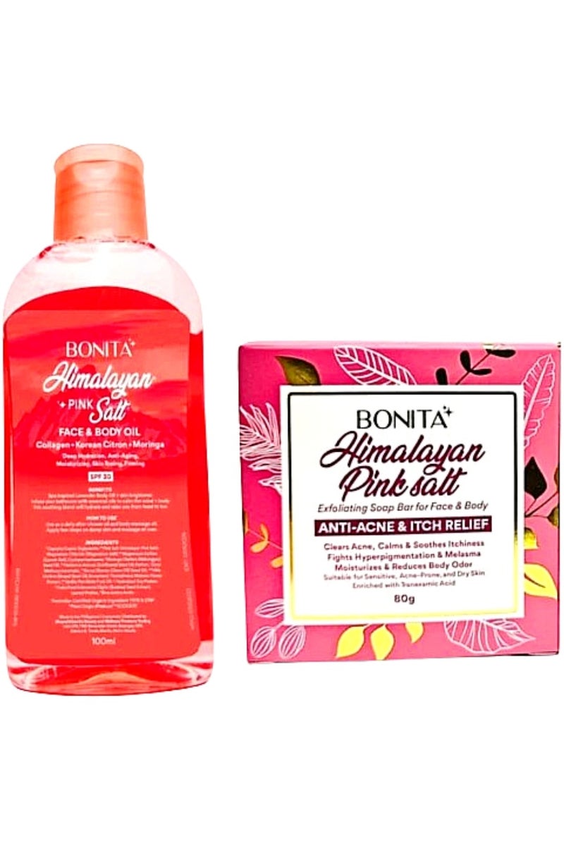 زيت بونيتا للوجه والجسم بملح الهيمالايا الوردي مع عامل حماية من الشمس 30 + صابونة تقشير ملح الهيمالايا الوردي للوجه والجسم 80 غرام