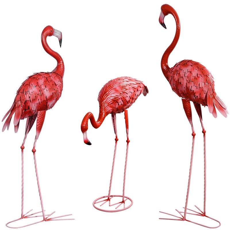 XONOR Metal Flamingo Garden Statues Large Red Flamingo Yard Art Outdoor Sculptures for Home Patio Lawn Backyard Dcor Set of 3