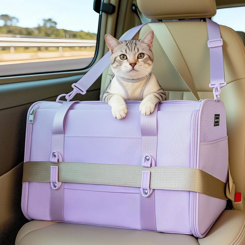 Petsfit Cat Carrier Car, Small Dog Carrier with Upgraded Patented Car Buckle Soft Sided Pet Carrier for Puppy, 4 Side Ventilated with Adjustable Shoulder Straps and Soft Cushion,purple - Image 1