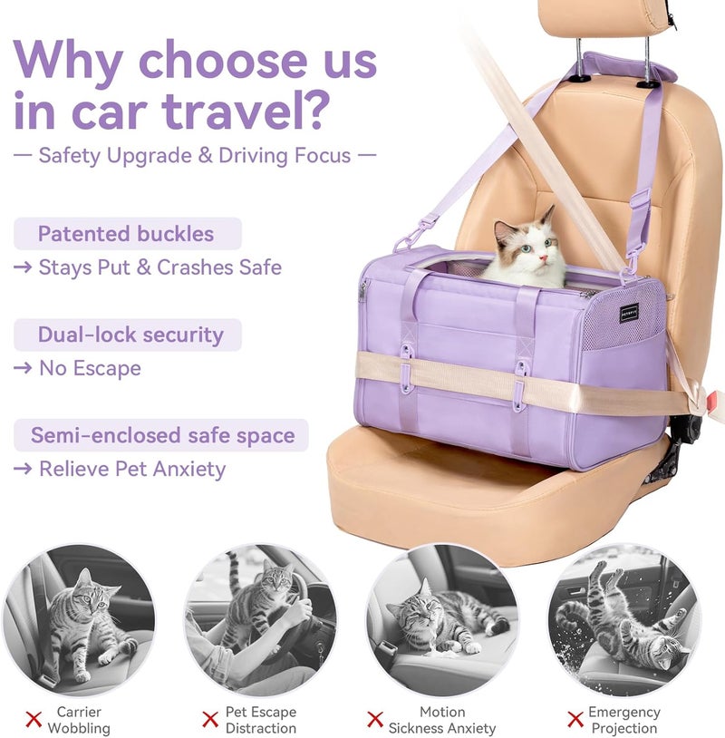 Petsfit Cat Carrier Car, Small Dog Carrier with Upgraded Patented Car Buckle Soft Sided Pet Carrier for Puppy, 4 Side Ventilated with Adjustable Shoulder Straps and Soft Cushion,purple - Image 3