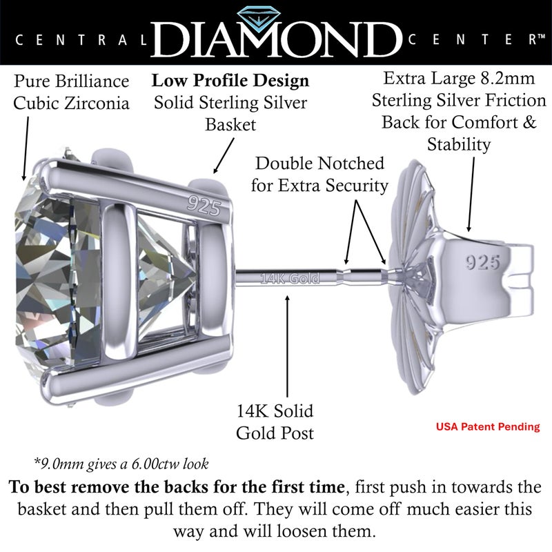 Central Diamond Center مركز الماس المركزي أقراط دراسات CZ من الذهب الصلب عيار 14 قيراط وفضة استرلينية 4 مخالب - مطلية بالبلاتين - 9.00 مم - 6.00 قيراط - Image 2