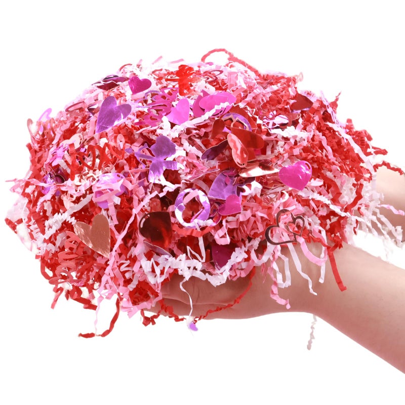 WorldBazaar 1LB Valentine's Day Crinkle Cut Paper Red Pink White Shred Filler Paper with Metallic Confetti Gift Basket Box Filler Valentine Anniversary Holiday Gift Wrapping Supplies - Image 4