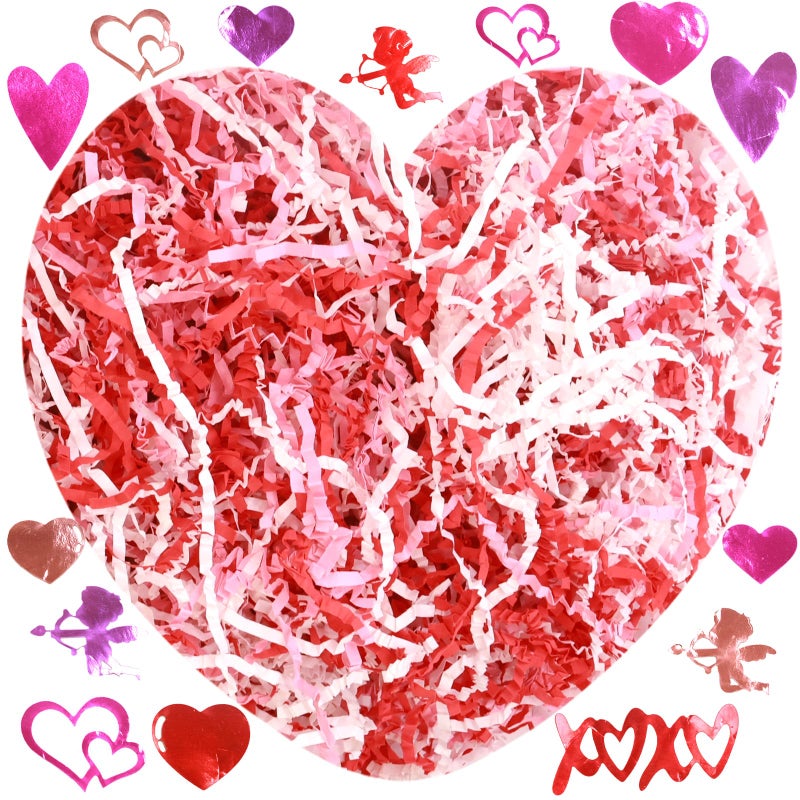 WorldBazaar 1LB Valentine's Day Crinkle Cut Paper Red Pink White Shred Filler Paper with Metallic Confetti Gift Basket Box Filler Valentine Anniversary Holiday Gift Wrapping Supplies - Image 5