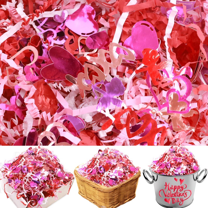 WorldBazaar 1LB Valentine's Day Crinkle Cut Paper Red Pink White Shred Filler Paper with Metallic Confetti Gift Basket Box Filler Valentine Anniversary Holiday Gift Wrapping Supplies - Image 3