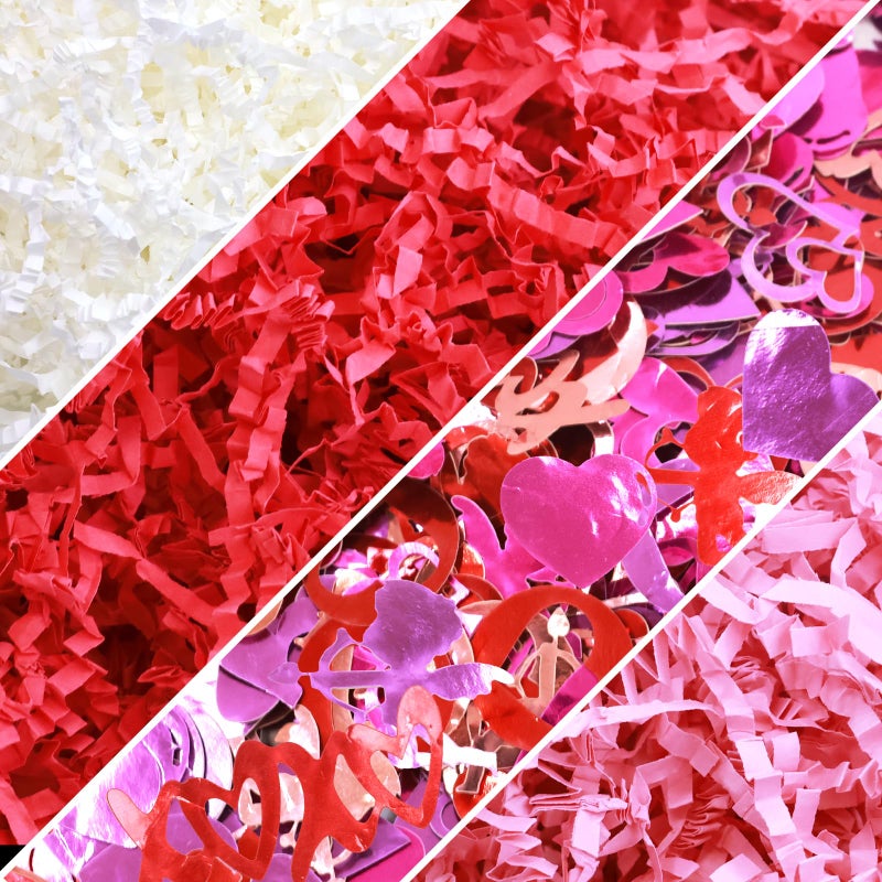 WorldBazaar 1LB Valentine's Day Crinkle Cut Paper Red Pink White Shred Filler Paper with Metallic Confetti Gift Basket Box Filler Valentine Anniversary Holiday Gift Wrapping Supplies - Image 2