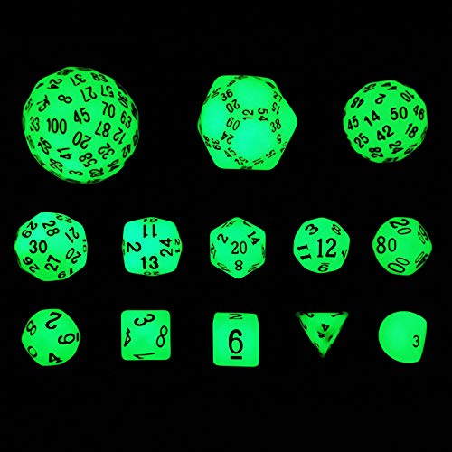 Bescon Super Glowing in Dark Complete Polyhedral RPG Dice Set 13pcs D3D100 Luminous 100 Sides Dice Set - Image 1