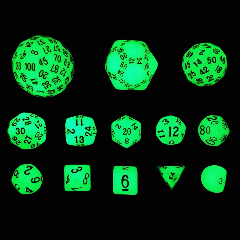 Bescon Super Glowing in Dark Complete Polyhedral RPG Dice Set 13pcs D3D100 Luminous 100 Sides Dice Set - Image 4