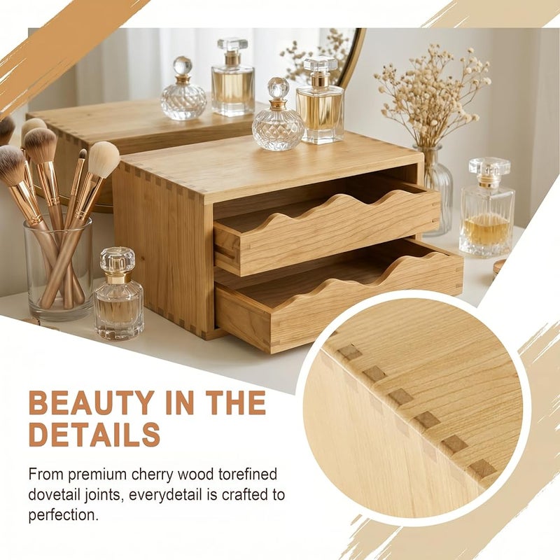 Elitzia Wooden Desk Organizer 100% Natural Cherry Wood Desktop Drawer Organizer with 2 Drawers Tabletop Storage Cabinet Organization Box for Office Supplies Jewelry Makeup Letter Compact ETDCHOU02 - Image 4