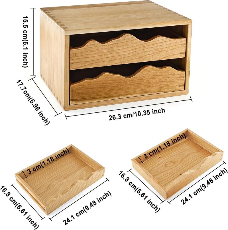 Elitzia Wooden Desk Organizer 100% Natural Cherry Wood Desktop Drawer Organizer with 2 Drawers Tabletop Storage Cabinet Organization Box for Office Supplies Jewelry Makeup Letter Compact ETDCHOU02 - Image 2