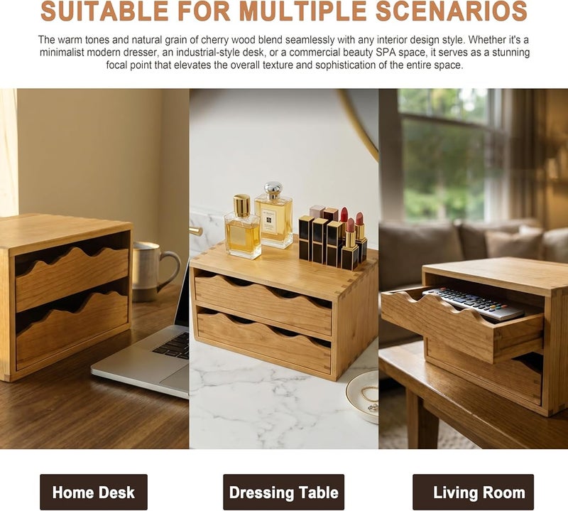 Elitzia Wooden Desk Organizer 100% Natural Cherry Wood Desktop Drawer Organizer with 2 Drawers Tabletop Storage Cabinet Organization Box for Office Supplies Jewelry Makeup Letter Compact ETDCHOU02 - Image 5