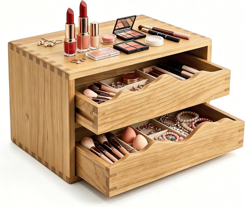 Elitzia Wooden Desk Organizer 100% Natural Cherry Wood Desktop Drawer Organizer with 2 Drawers Tabletop Storage Cabinet Organization Box for Office Supplies Jewelry Makeup Letter Compact ETDCHOU02 - Image 1