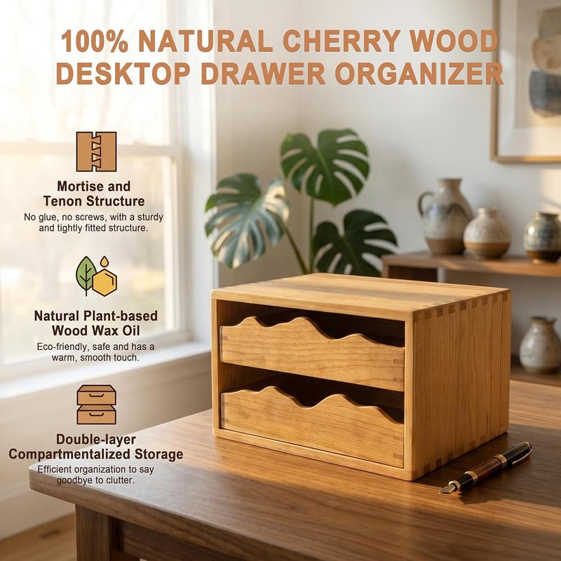 Elitzia Wooden Desk Organizer 100% Natural Cherry Wood Desktop Drawer Organizer with 2 Drawers Tabletop Storage Cabinet Organization Box for Office Supplies Jewelry Makeup Letter Compact ETDCHOU02 - Image 3