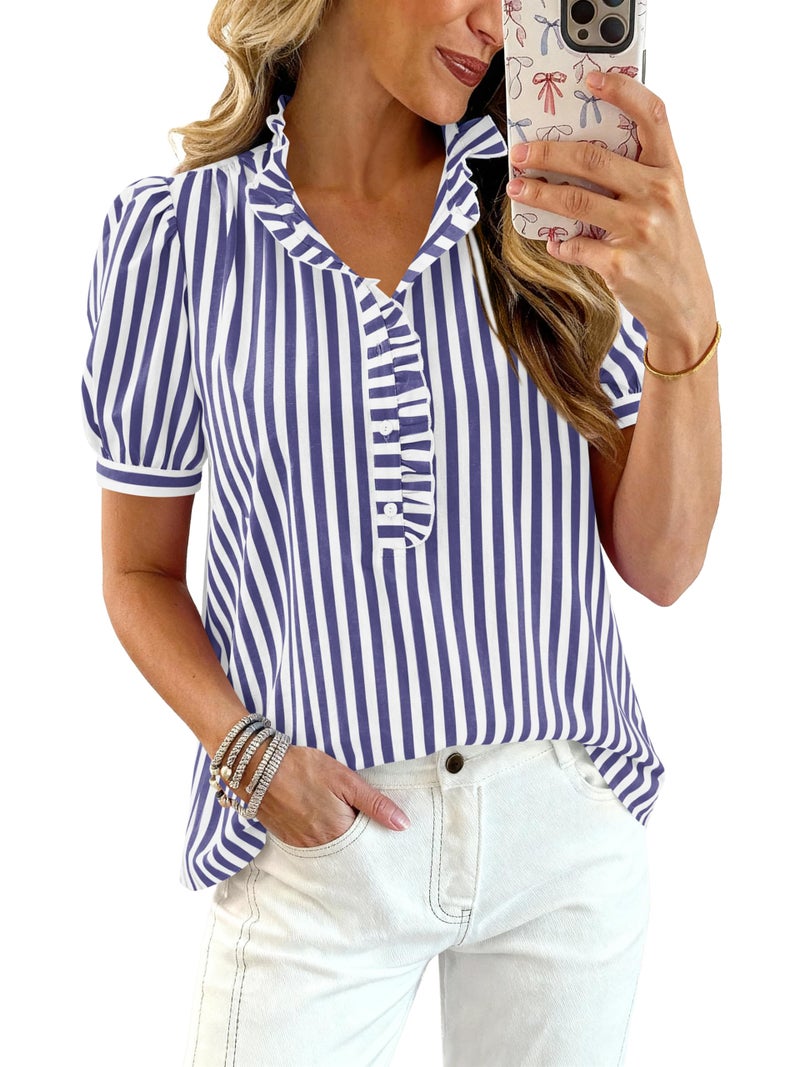 MASCOMODA Womens Puff Short Sleeve Summer Tops Striped Plaid Ruffle V Neck Button Down Shirts Business Casual Work Blouses(Striped Navy,X-Large) - Image 1