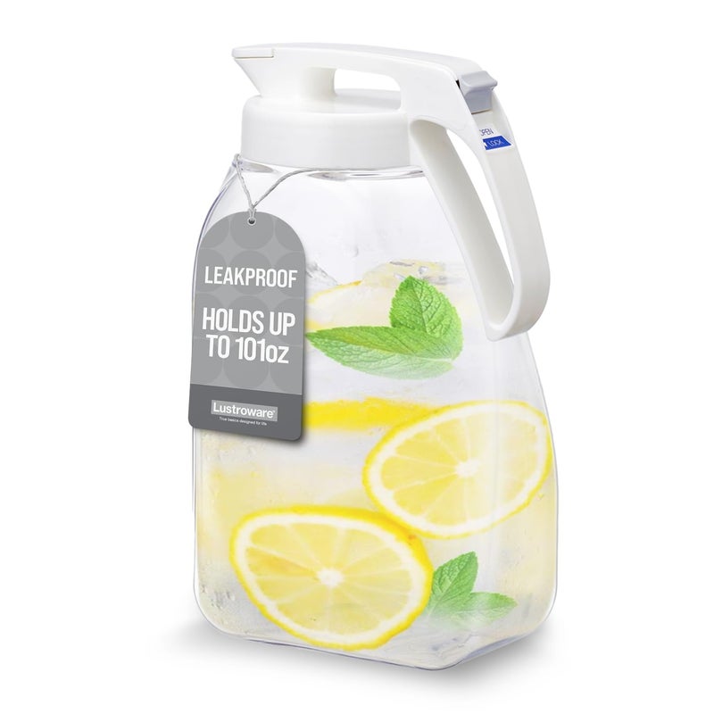 Lustroware QuickServe Large Airtight Pitcher - 3L (101oz), Heat Resistant, BPA-Free SAN Plastic, One Touch Open & Close, Space-Saving, Made in Japan - White - Image 1