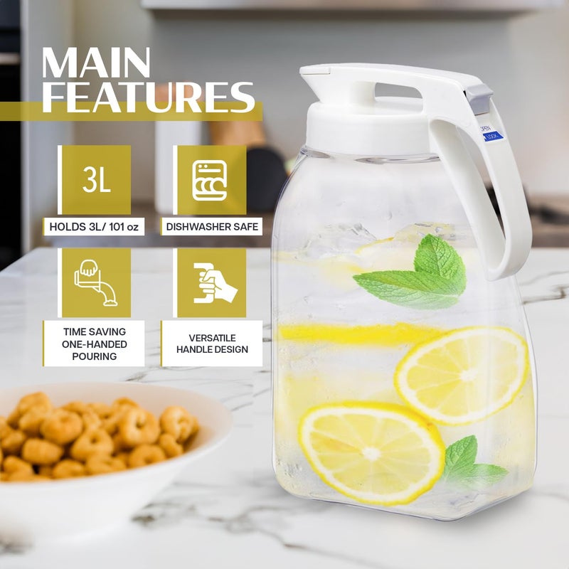 Lustroware QuickServe Large Airtight Pitcher - 3L (101oz), Heat Resistant, BPA-Free SAN Plastic, One Touch Open & Close, Space-Saving, Made in Japan - White - Image 4