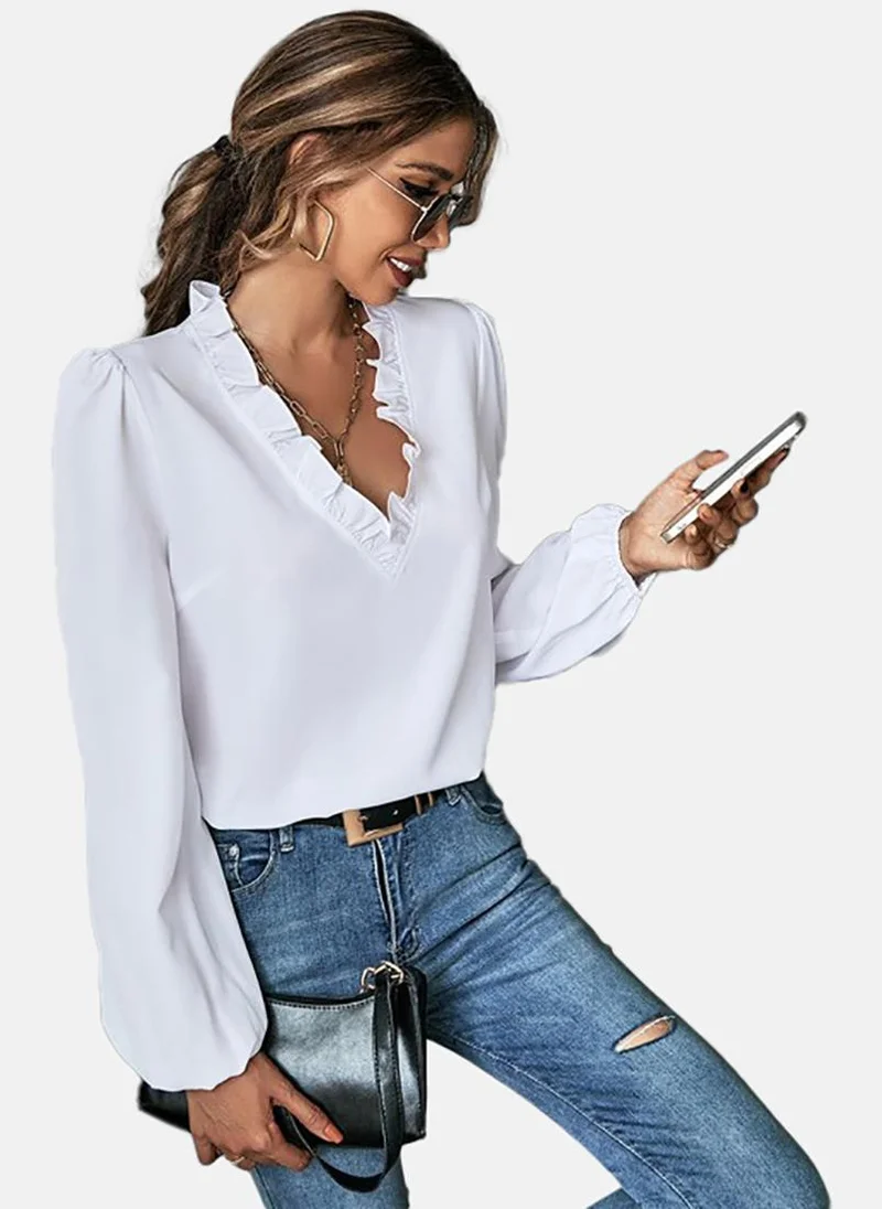 يونيكي White Solid Relaxed Long Sleeve Top