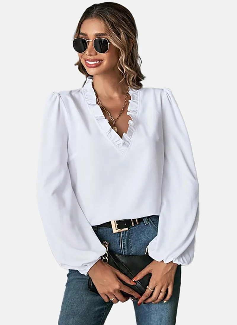 يونيكي White Solid Relaxed Long Sleeve Top