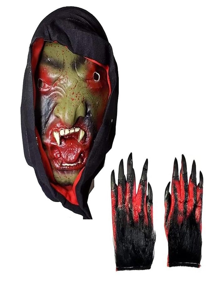 brown leaf Fancy Bhoot Face Mask with Gloves - Full Head Cover Scary Cloth Mask for Halloween Horror Party (Style 4) - Image 1