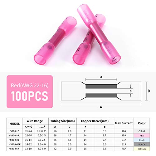 VAMRONE Heat Shrink Butt Wire Connectors, 100Pcs 22-16 AWG Red Insulated Waterproof Electrical Wire Connectors Automotive Marine Grade Wire Crimp Terminals Butt Splices, Ideal for Boat, Truck, Red - Image 2