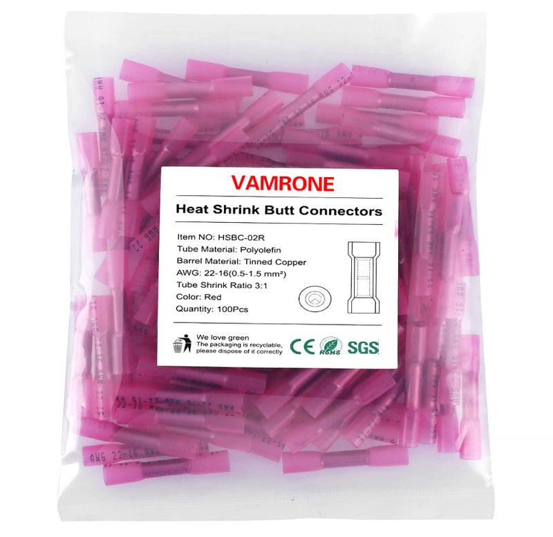 VAMRONE Heat Shrink Butt Wire Connectors, 100Pcs 22-16 AWG Red Insulated Waterproof Electrical Wire Connectors Automotive Marine Grade Wire Crimp Terminals Butt Splices, Ideal for Boat, Truck, Red - Image 1