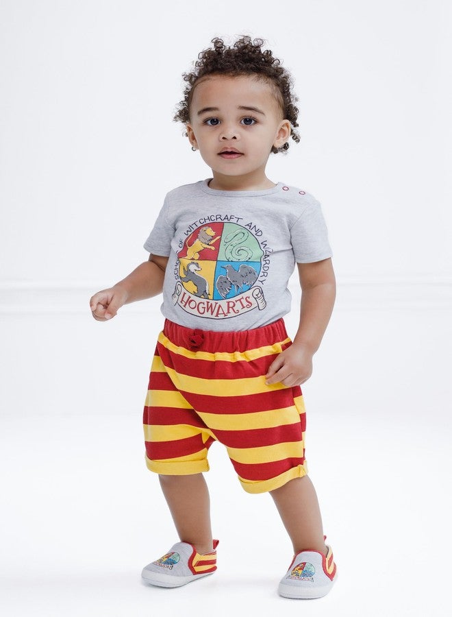 Harry Potter Infant Baby Boys Bodysuit, Shorts and Shoes 3 Piece Outfit Set Logo Gray/Maroon 12 Months - Image 2